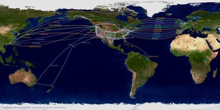 World map with International Air Traffic Paths